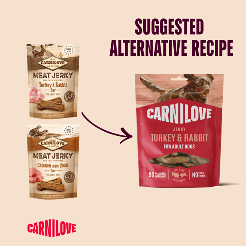 One Carnilove Jerky Turkey & Rabbit Dog Treat replaces two adult dog jerky treats.