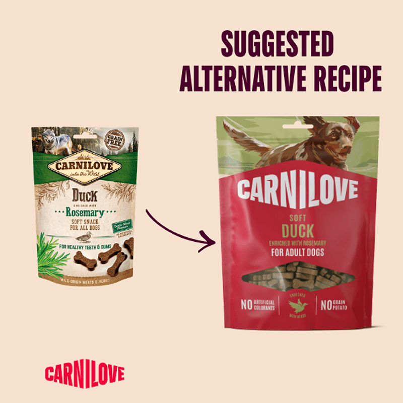 Two bags of Carnilove Duck with Rosemary Dog Treats 200g, with an arrow to an alternative recipe.