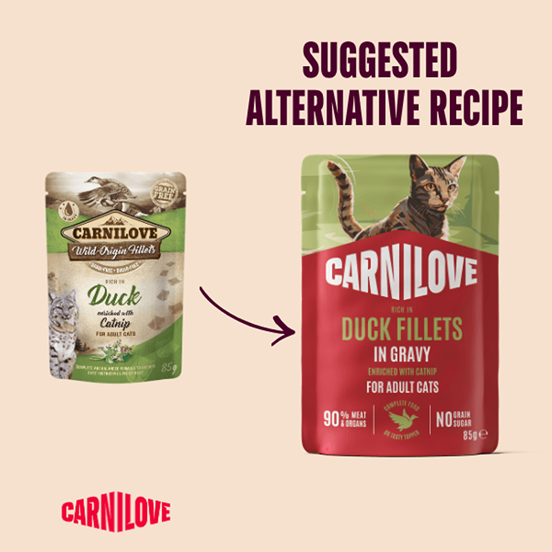 Carnilove Gravy Duck Cat Food 85g with arrow to Catnip Gravy flavor pouch.