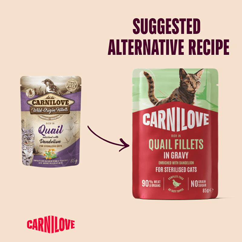 Two Carnilove Gravy Quail with Dandelion Cat Food pouches with an arrow to a new recipe.