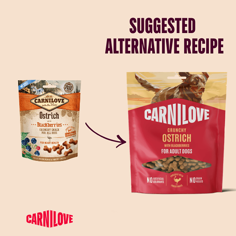 Two Carnilove Ostrich with Blackberries Dog Treats 200g bags, old and new, with an arrow between.