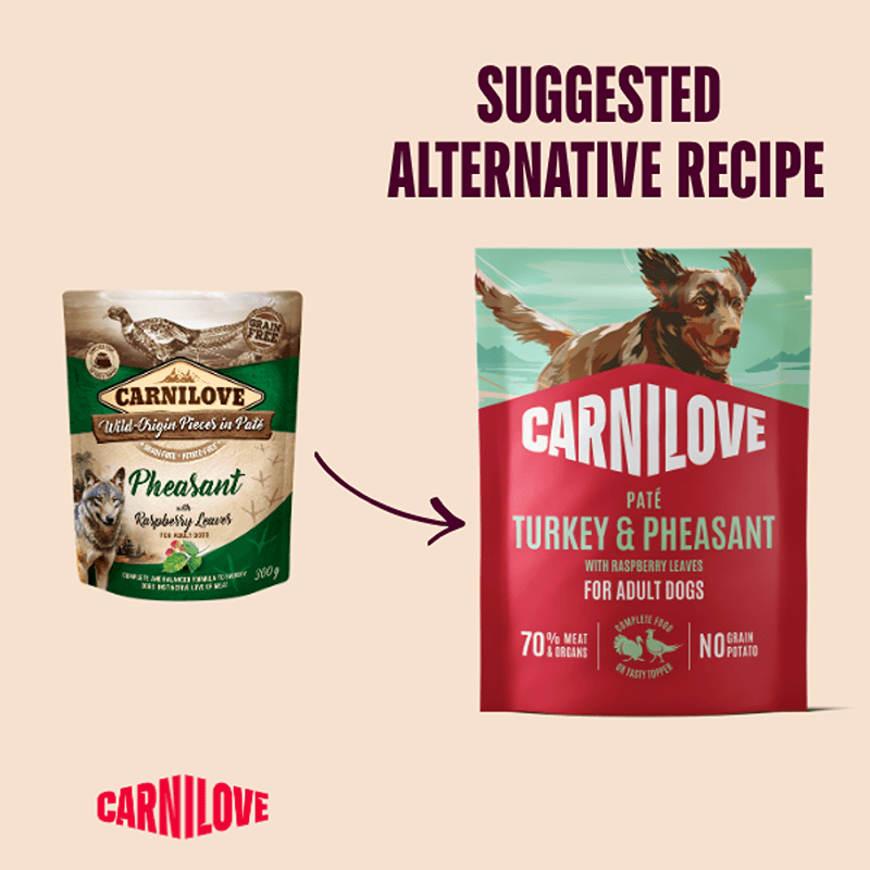 Carnilove Turkey & Pheasant with Raspberry Leaves 300g pouch and Suggested Alternative Recipe.