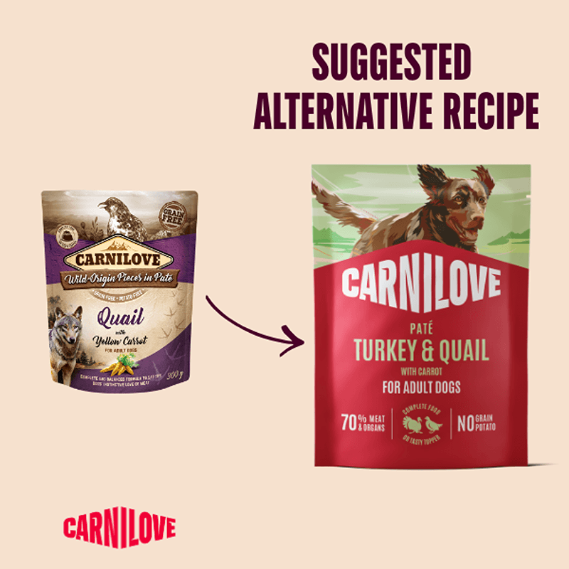 Two Carnilove Turkey & Quail with Carrot Dog Food Pouches and "Suggested Alternative Recipe.