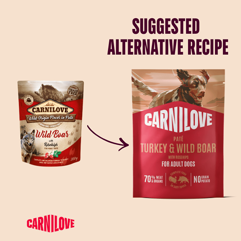 Two Carnilove Turkey & Wildboar with Rosehips Dog Food Pouches as an alternative option.