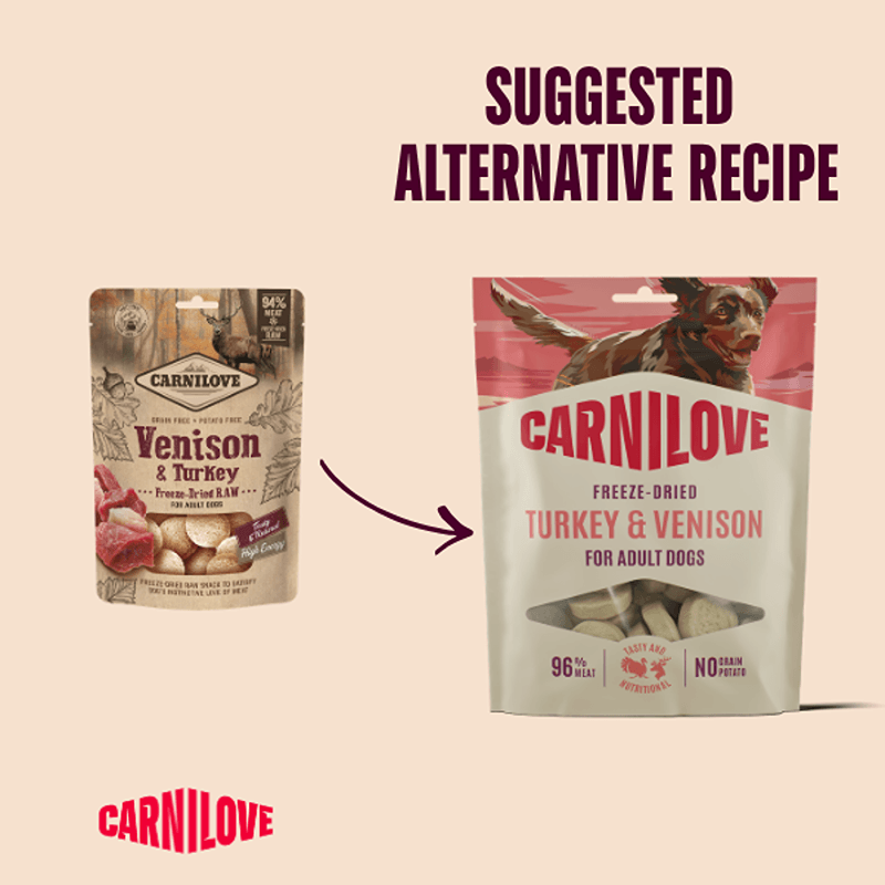 Two Carnilove Freeze-Dried Turkey & Venison Dog Treats 60g packs shown with an arrow.