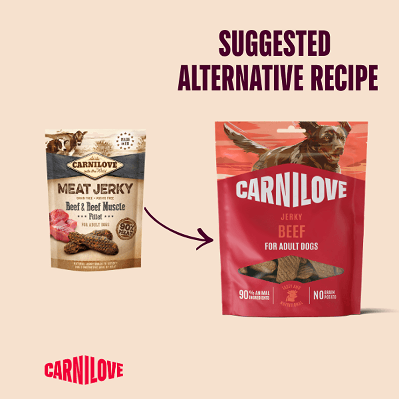 Carnilove Jerky Beef Fillet Dog Treats 100g—for dogs, not humans—with an arrow.