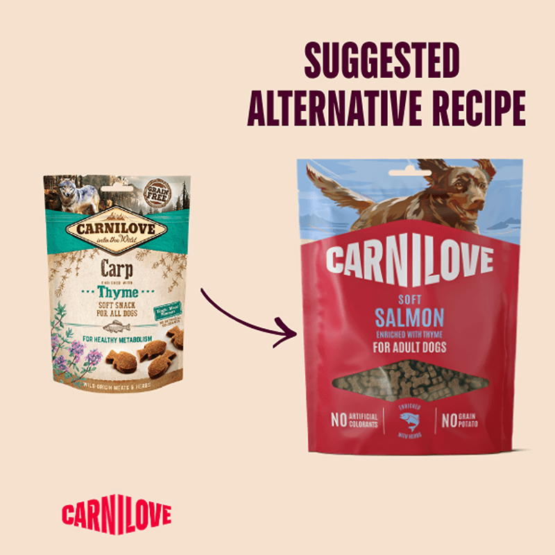 Two Carnilove Salmon with Thyme Small Bite Dog Treats 200g bags, with an arrow between.