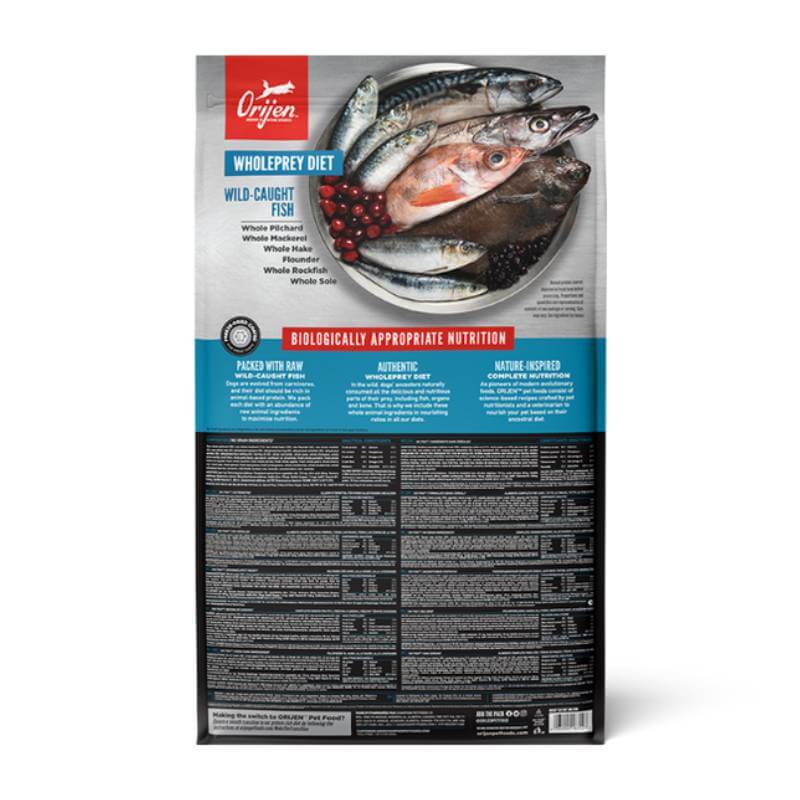 Orijen Six Fish Protein Rich Dry Dog Food with a person and dog in a scenic landscape.