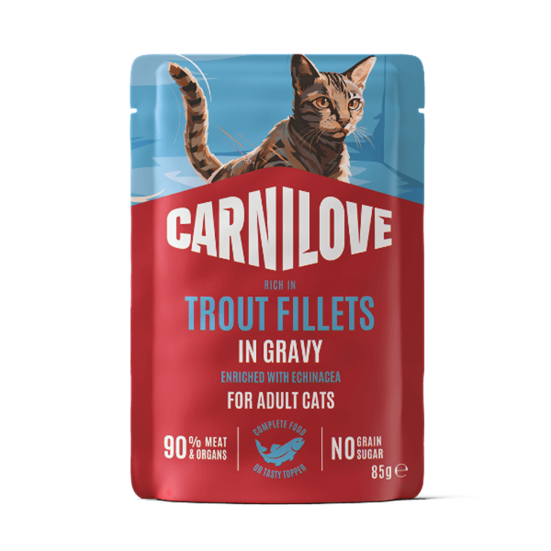 Carnilove Gravy Trout with Echinacea Cat Food 85g pouch features a cat illustration on pack.
