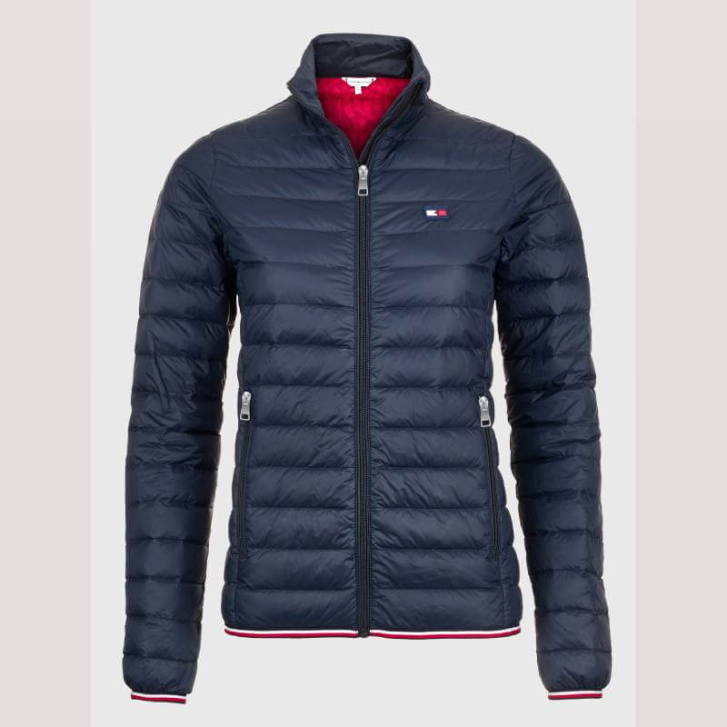 Tommy Hilfiger Desert Sky Women Light Re-Down Jacket with chest logo and red lining.