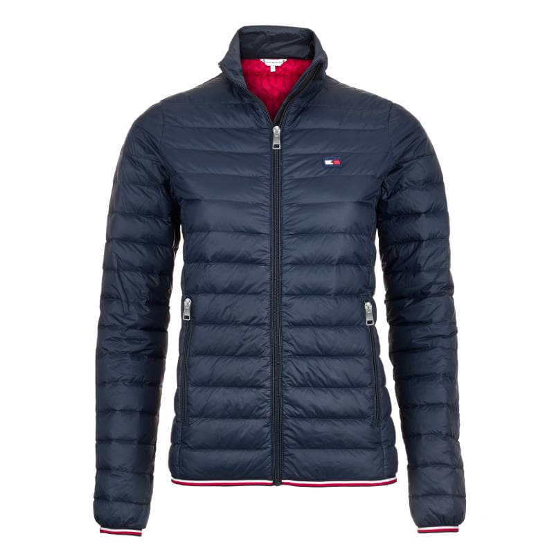 Tommy Hilfiger Women Light Re-Down Jacket in Desert Sky with zippered pockets and red lining.
