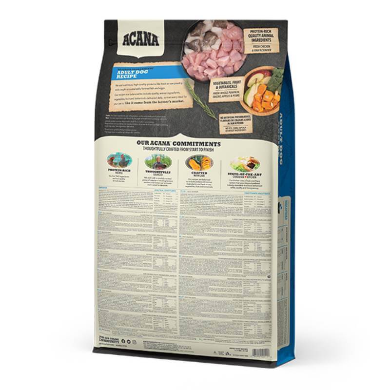 Acana Adult Dog grain-free food bag with ingredients and nutrition info shown.