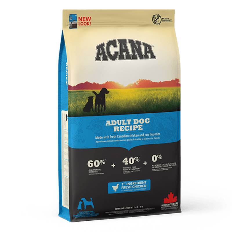 Acana Adult Dog grain free food bag with a dog silhouette and sunset in the background.