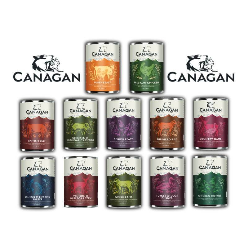 Canagan Wet Dog Food with green and white label featuring a chicken.
