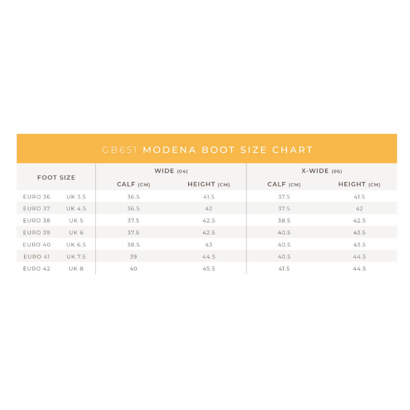Brogini Modena XW long boot size chart with FL3 tech for wide/extra wide fits, adult black.