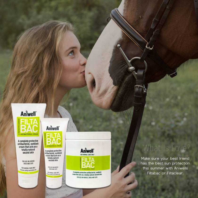 A girl kisses a horse's nose; Aniwell Filtabac antibacterial cream tubes are displayed in front.
