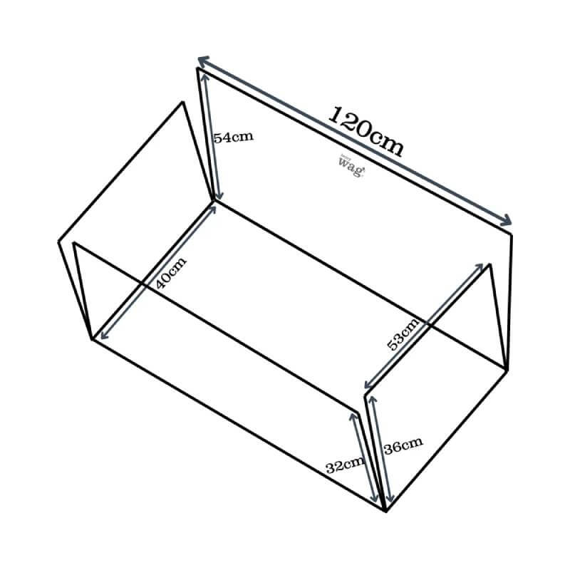 Box diagram for Henry Wag Pet Car Hammock; dimensions: 120x54x40x36x32x39cm.