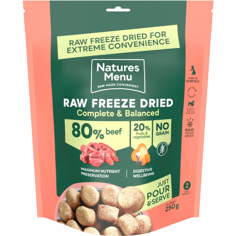 Natures Menu Complete Freeze Dried 80/20 Beef dog food offers balanced nutrition with fruits and veggies.
