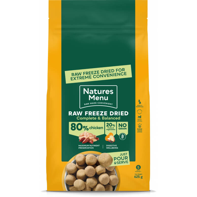 Natures Menu Complete Freeze Dried 80/20 Chicken Dog Food, 625g—complete and balanced.