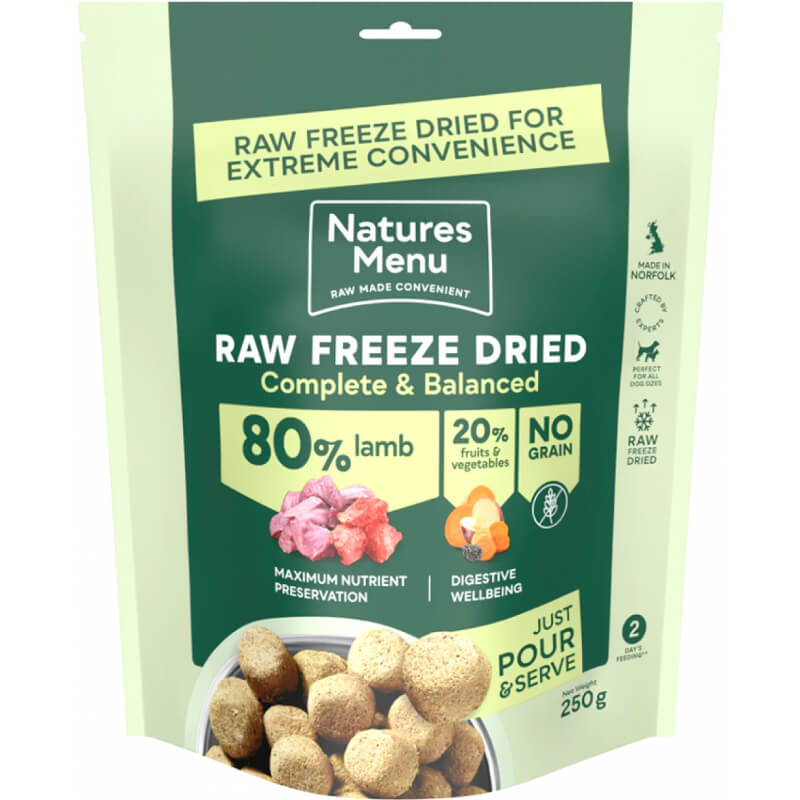 Natures Menu Complete Freeze Dried 80/20 Lamb dog food bag with front product details.
