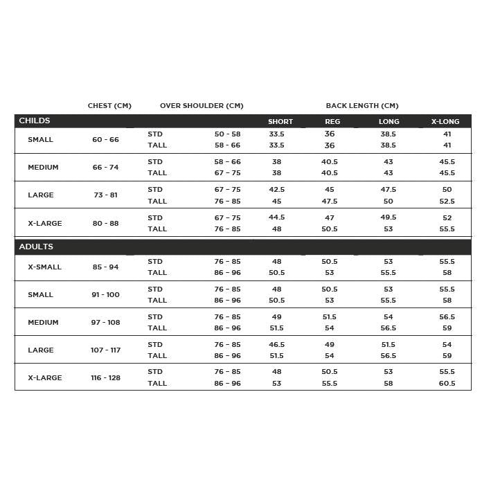 Racesafe RS2010 Childs vest size chart: chest, shoulder, and back length measurements.