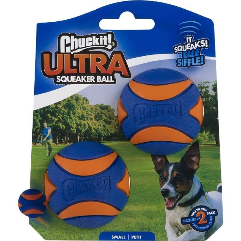Chuckit Ultra Squeaker Ball Small 2Pk 4.8cm, orange/blue, launcher compatible.
