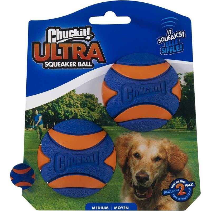 Two Chuckit Ultra Squeaker Ball Medium (2Pk) 6.5cm in packaging, launcher compatible.