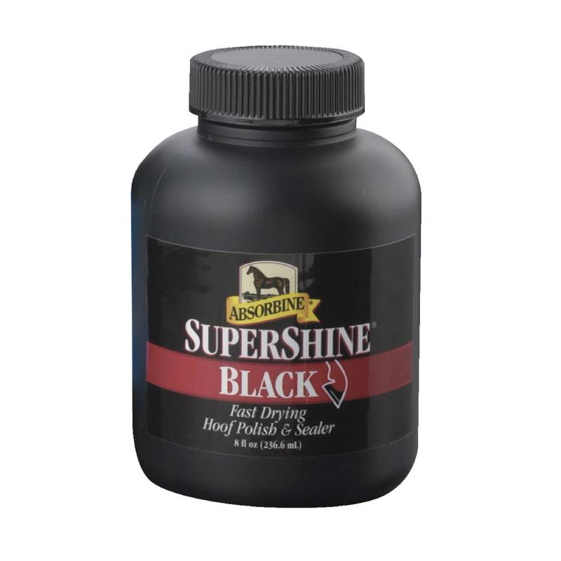 Absorbine Super Shine Hoof Polish Black 237ml for a quick mirror finish on hooves.
