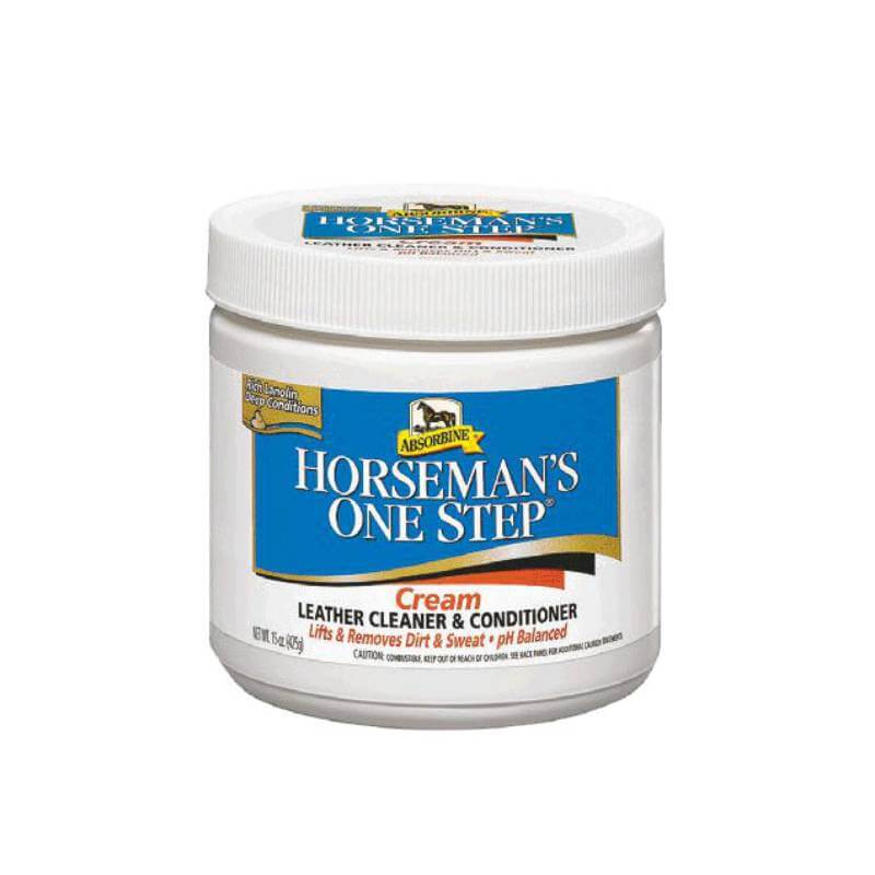 Absorbine Horsemans One Step Cleaner 425g in a white tub for horse leather care.