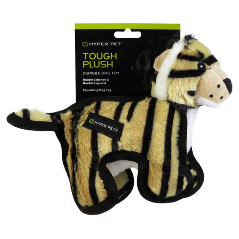 Hyper Pet Tough Plush Tiger: durable dog toy with stripes and a squeaker.