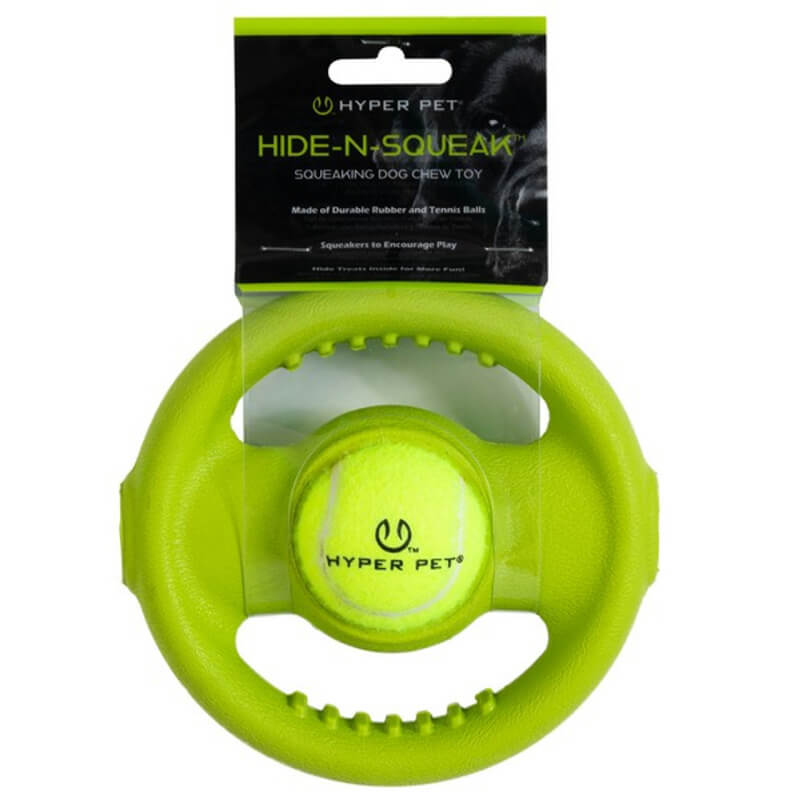 Hyper Pet Hide &amp; Squeak Wheel: durable rubber toy with tennis ball center and circular handles.