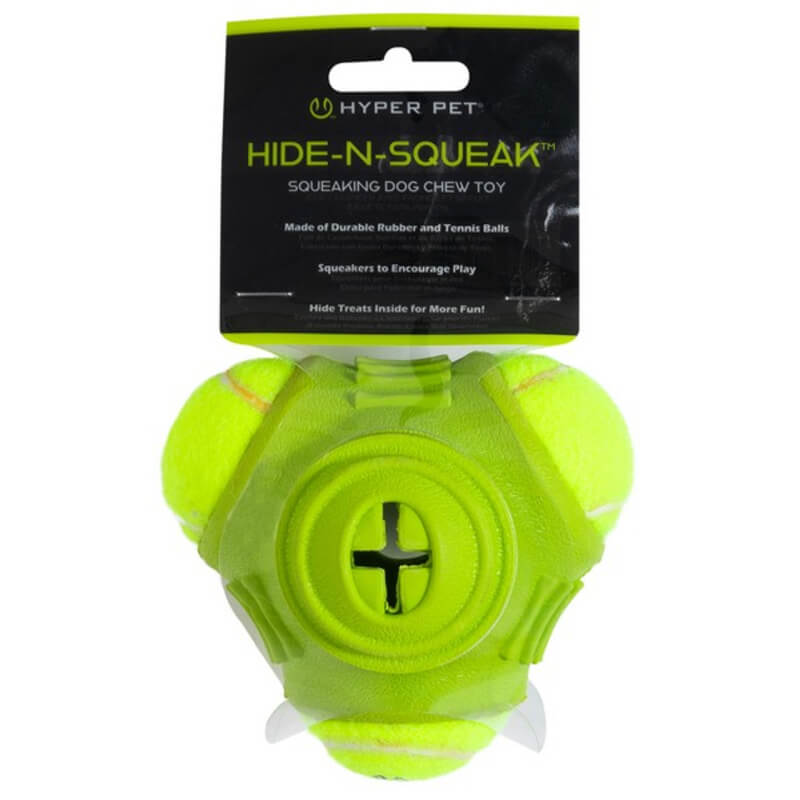 Hyper Pet Hide &amp; Squeak Triad by Hyper Pet: a green durable rubber dog toy with squeaking balls.