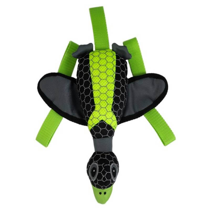 Hyper Pet Grab Tabs Plush Duck: durable, hexagon plush, green tabs, squeaker for dogs.