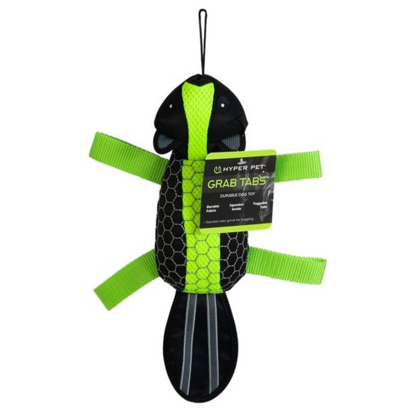 Hyper Pet Grab Tabs Plush Beaver tough dog toy with grab tabs and product tag attached.