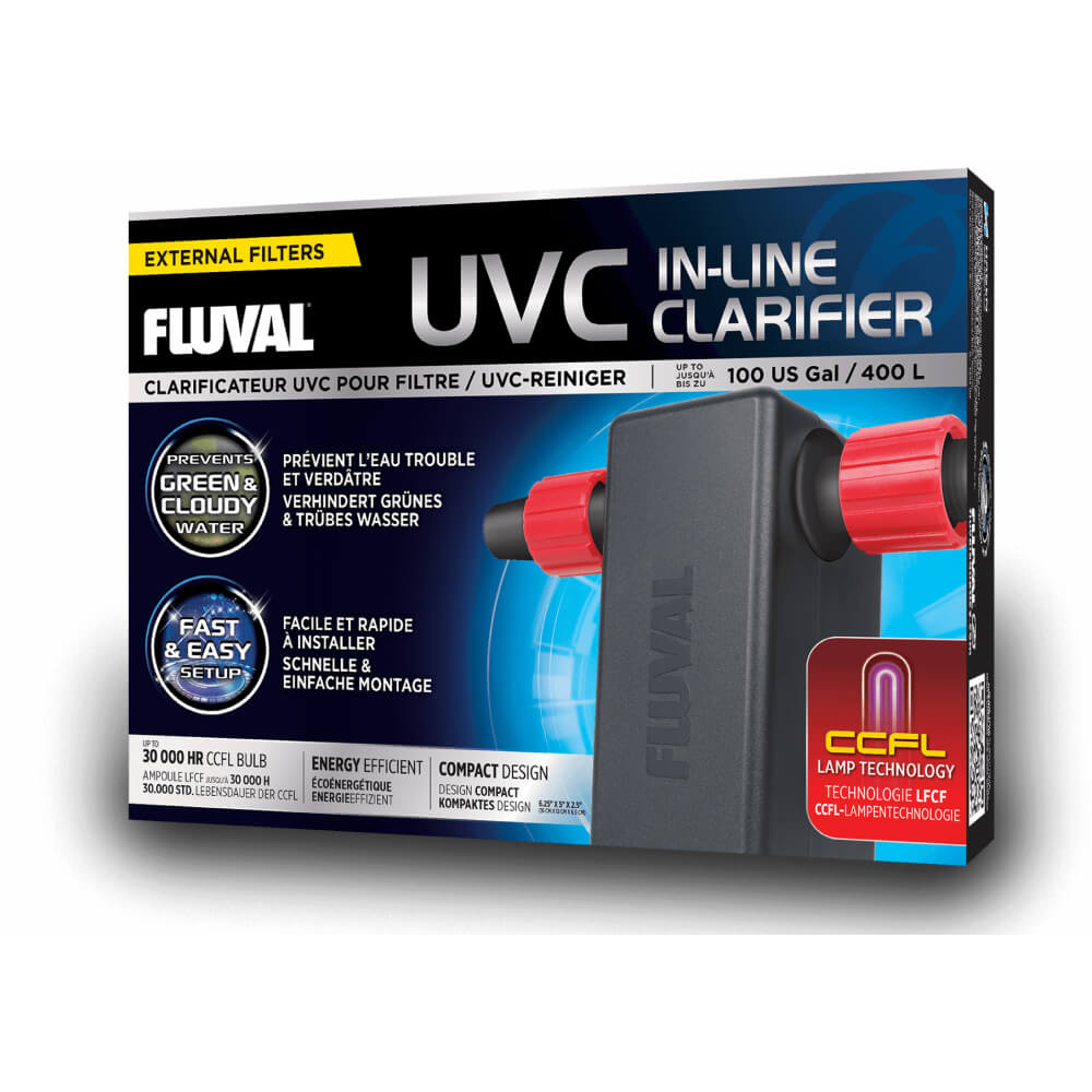 Fluval In-Line UVC Clarifier box displays key features of this Fluval aquarium clarifier.