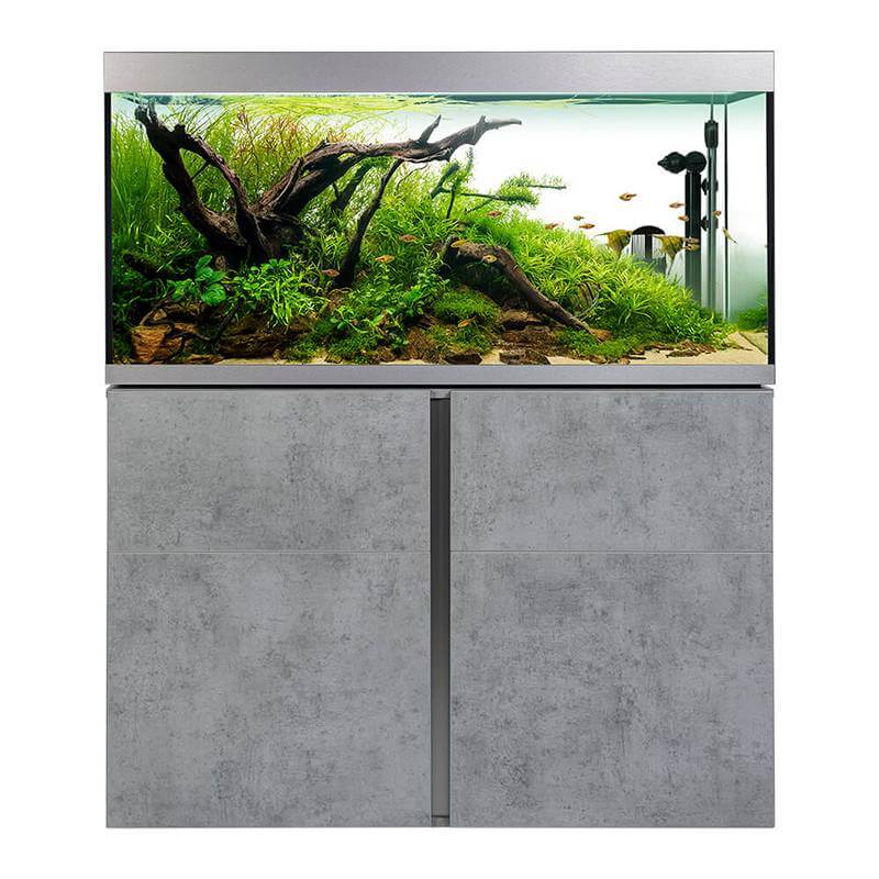 Fluval Siena 332L Aquarium Set with lush plants, driftwood, and LED lighting on a gray stand.