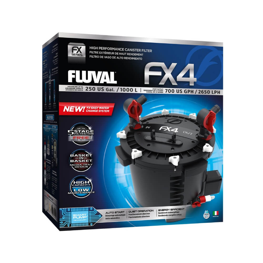 Fluval FX External Filter FX4 by Fluval shown in packaging, highlighting features and specs.