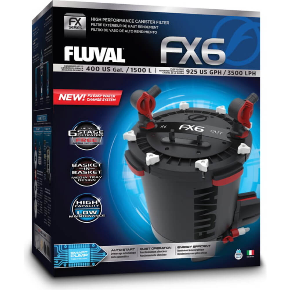 Fluval FX6 external filter box with features shown on Fluval FX External Filter FX6 packaging.