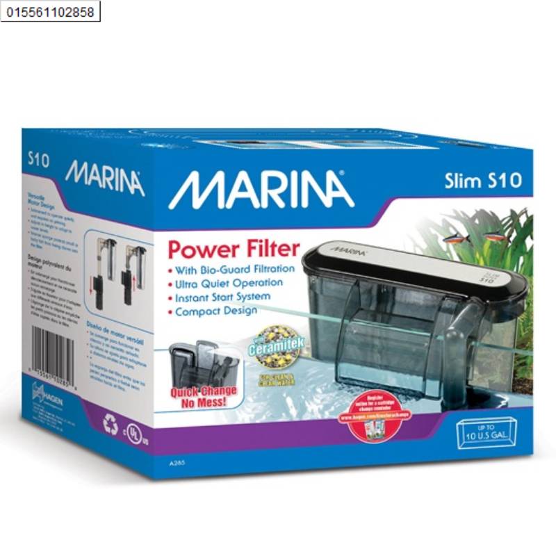 Fluval Marina Slim Filter S10 box (for Style 35) lists biological filtration features on front.