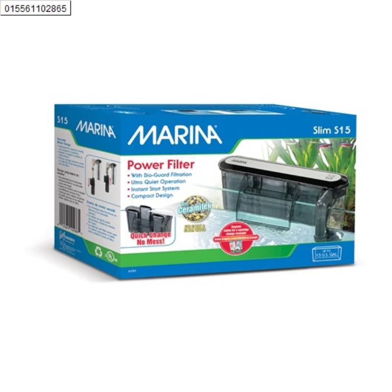 Fluval Marina Slim Filter S15 box highlights aquarium filter features and biological filtration.