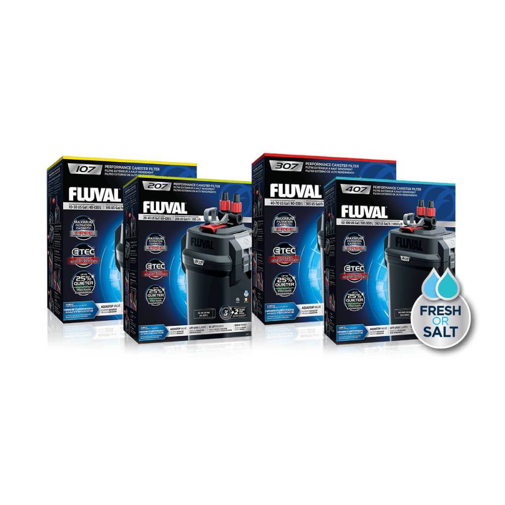 Four Fluval 07 External Filters (107, 207, 307, 407) by Fluval for aquariums.