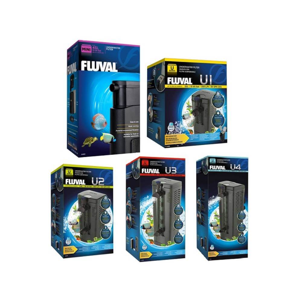 Five Fluval Underwater Filter boxes are displayed against a white background.