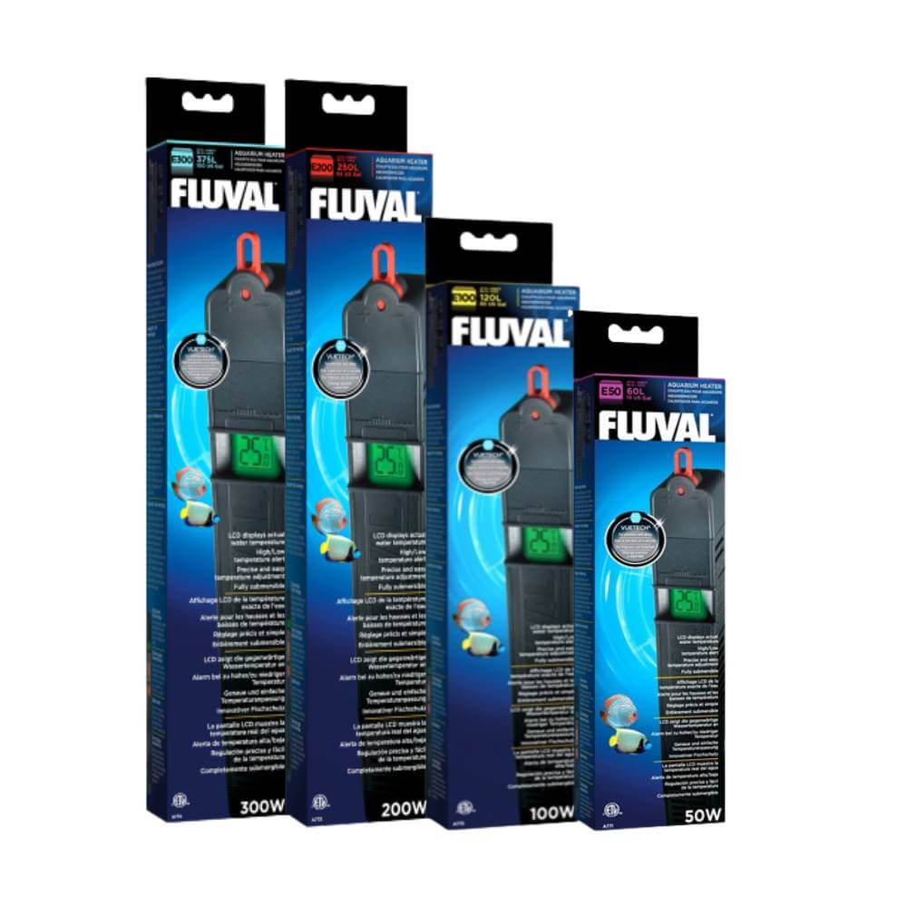 Four Fluval E Digital Heater boxes from Fluval stand upright in a row.