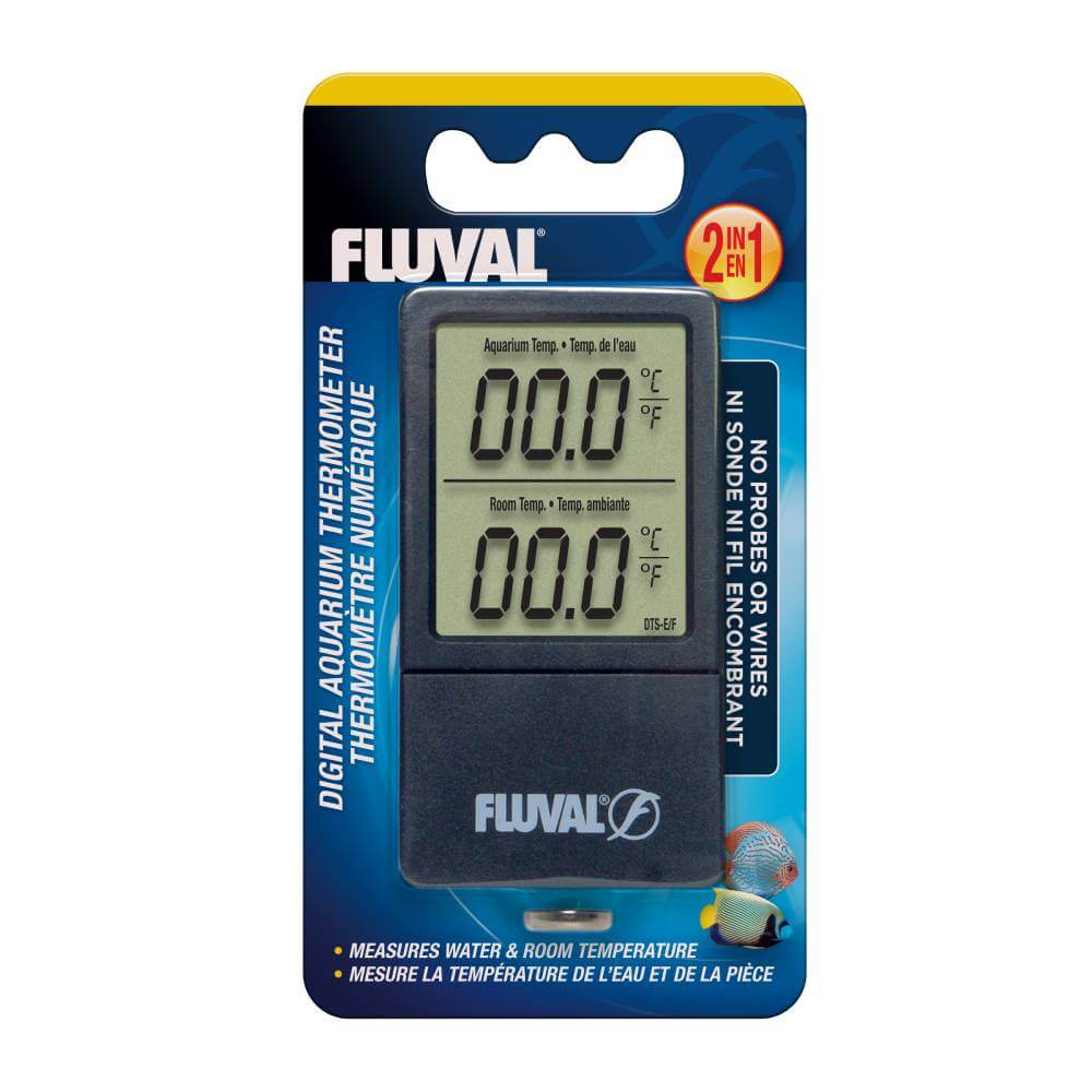 Fluval Wireless 2-in-1 Digital Thermometer shows water and room temps; retail packaged.