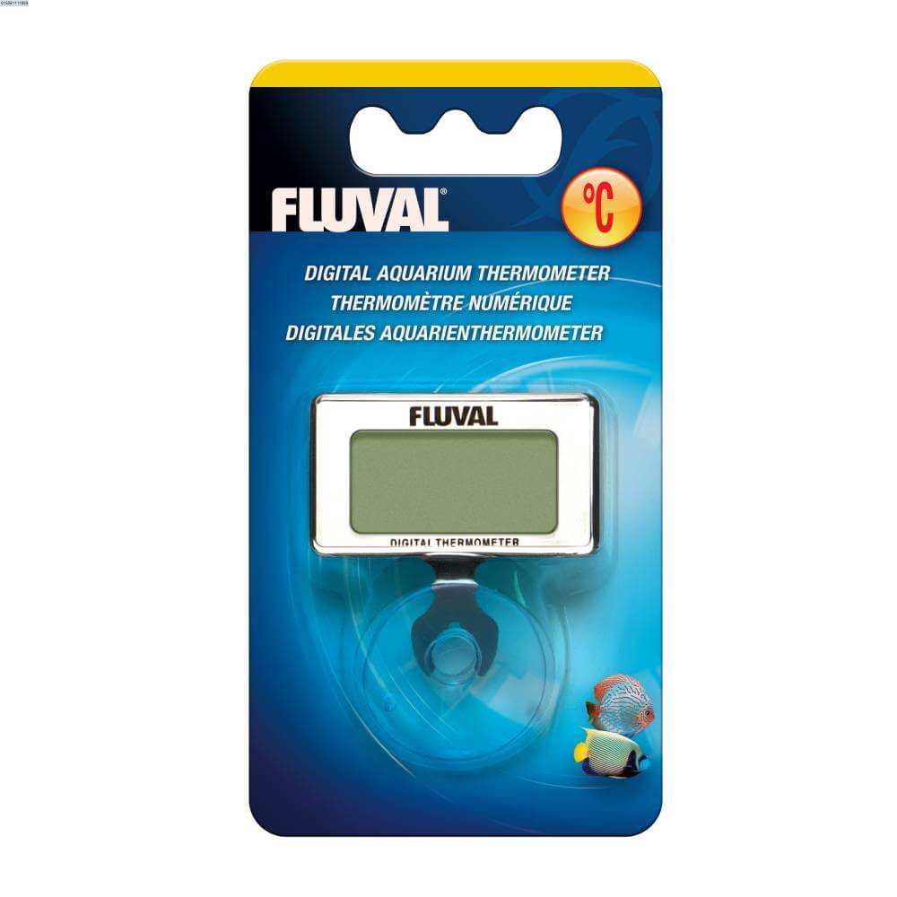 Fluval Submersible Digital Thermometer in package with fish graphics and blue background.