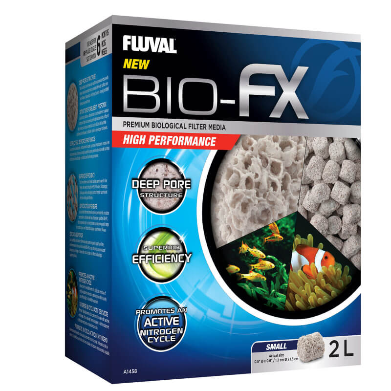 Fluval Bio FX 2L box by Fluval with beneficial bacteria and aquarium fish illustrations.