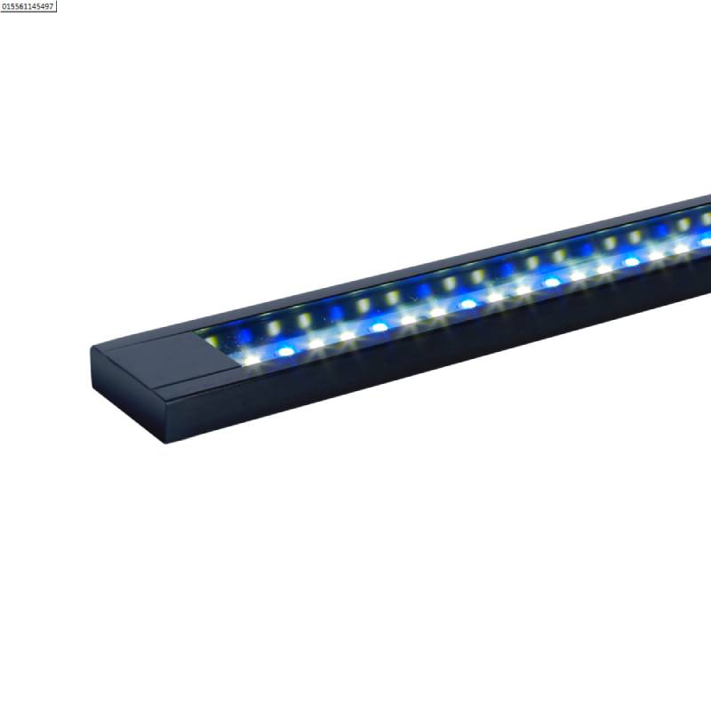 Fluval Aquasky LED 21w for Flex 123L, black bar with blue and white lights, angled on white.