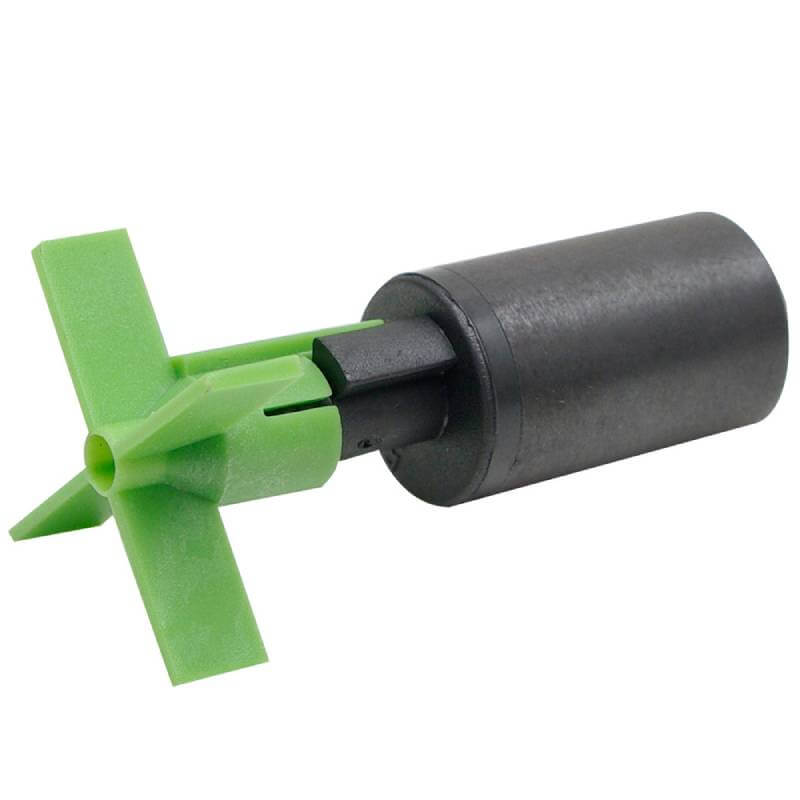 A black Fluval 3 Plus Impeller Unit with green blades, also fits Fluval U3 models.