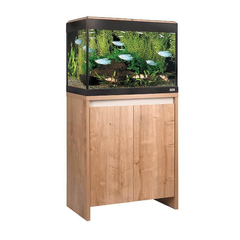 Fluval Roma LED Aquarium Fish Tank Only by Fluval with green plants on a wooden cabinet stand.