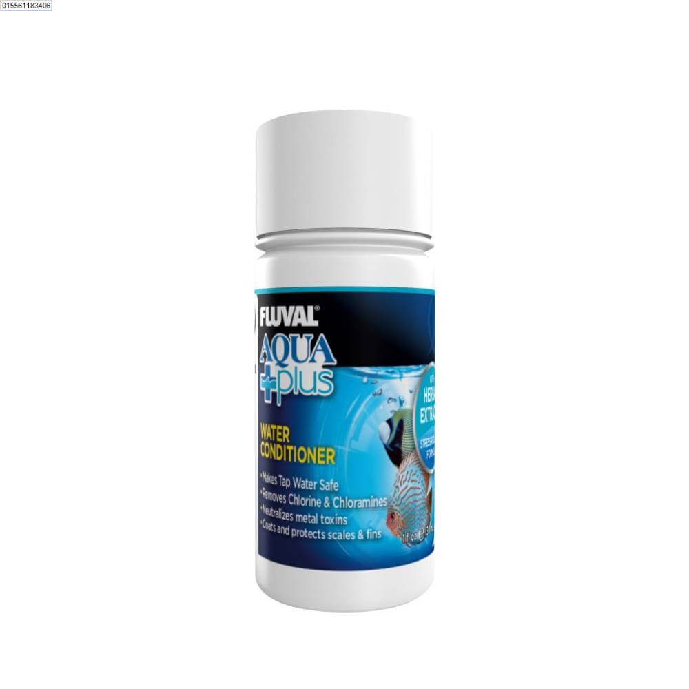 Fluval Aquaplus Water Conditioner bottle for fish aquariums shown against a white background.